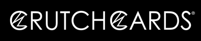 Crutch Cards Logo white with a black background.