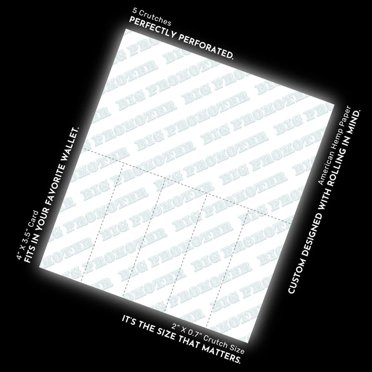 Diagram of the Big Promoter Crutch Card featuring 5 perforated rolling tips, American hemp paper, and a 4” x 3.5” design for expanded branding and marketing impact.