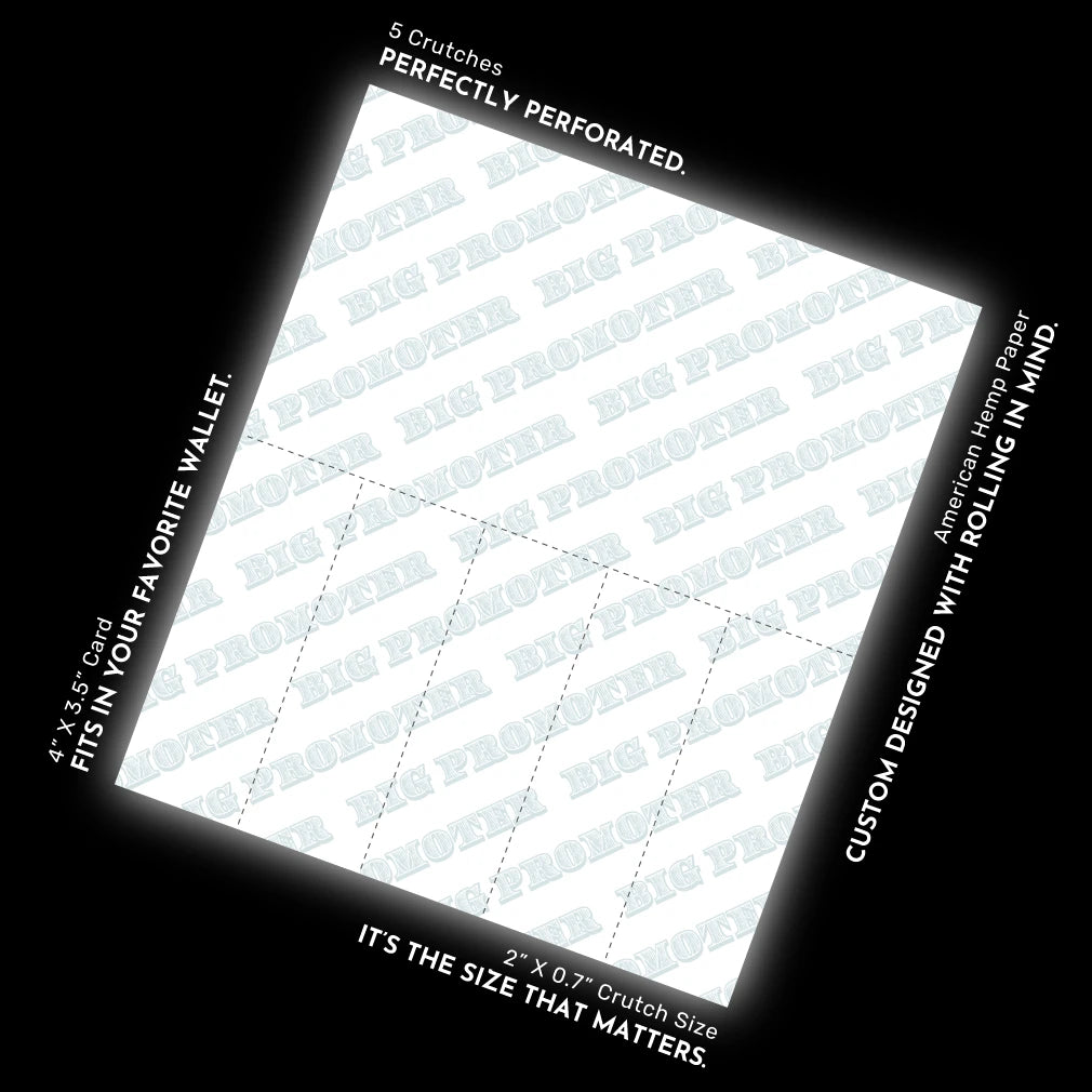 Diagram of the Big Promoter Crutch Card featuring 5 perforated rolling tips, American hemp paper, and a 4” x 3.5” design for expanded branding and marketing impact.