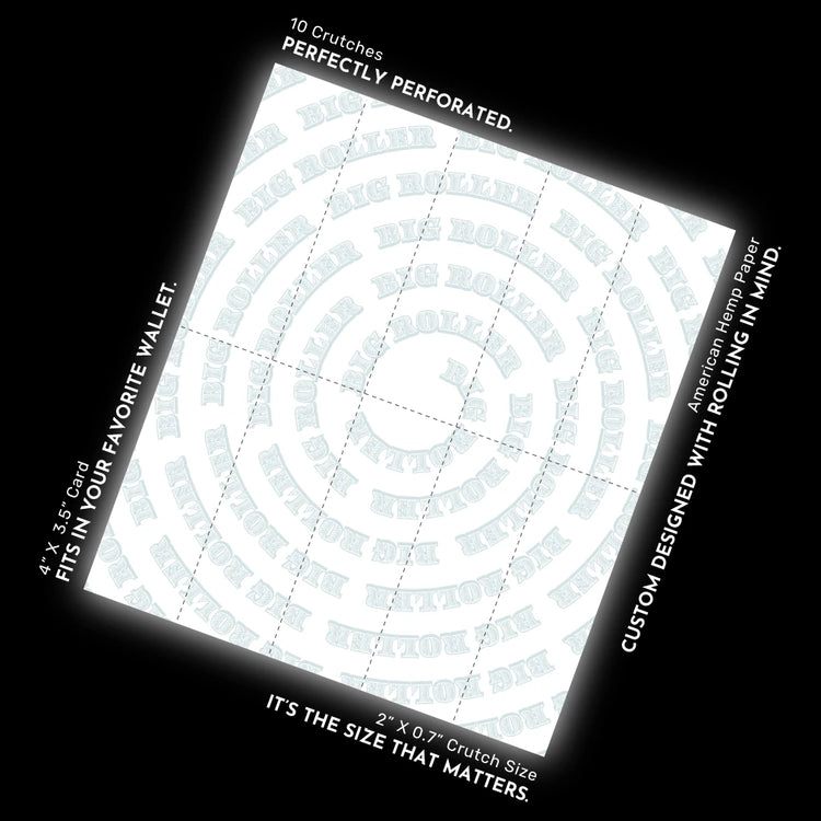 Diagram of the Big Roller Crutch Card featuring 10 perforated rolling tips, American hemp paper, and a 4” x 3.5” design for extended branding and rollability.