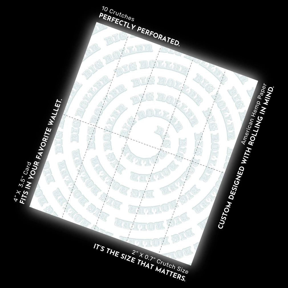 Diagram of the Big Roller Crutch Card featuring 10 perforated rolling tips, American hemp paper, and a 4” x 3.5” design for extended branding and rollability.