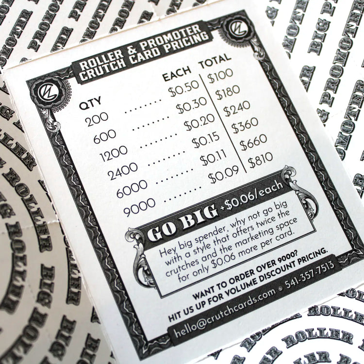 Close-up of Crutch Cards’ Roller & Promoter pricing sheet showing quantity tiers, cost per card, and total price. The sheet features bold “GO BIG” messaging promoting an upsell for larger format cards. Background includes repeating printed patterns of “BIG ROLLER” and “PROMOTER.”