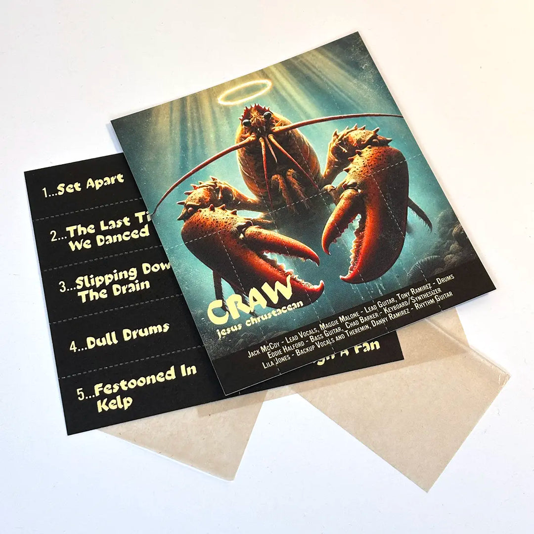 Custom Crutch Card designed like an album cover featuring a lobster-themed band poster for “CRAW,” with a tracklist and translucent hemp papers.