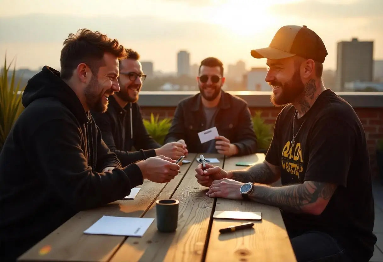 Group of four men sitting around a wooden rooftop table at sunset, smiling and holding Crutch Cards and pens. The scene has a relaxed, creative meeting vibe with city skyline in the background and warm golden lighting.