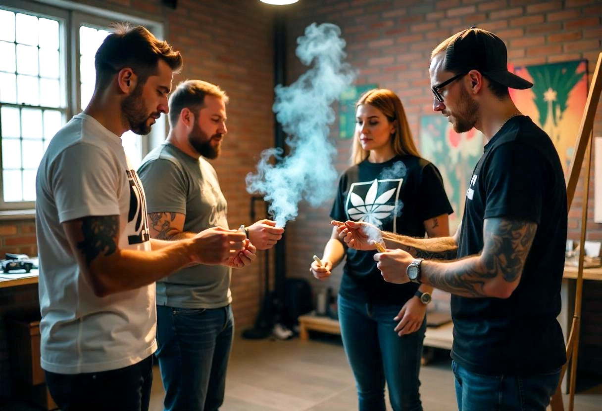 Group of four young adults standing in a modern, brick-walled room, casually passing and smoking. Smoke rises between them as they interact in a relaxed, social atmosphere.
