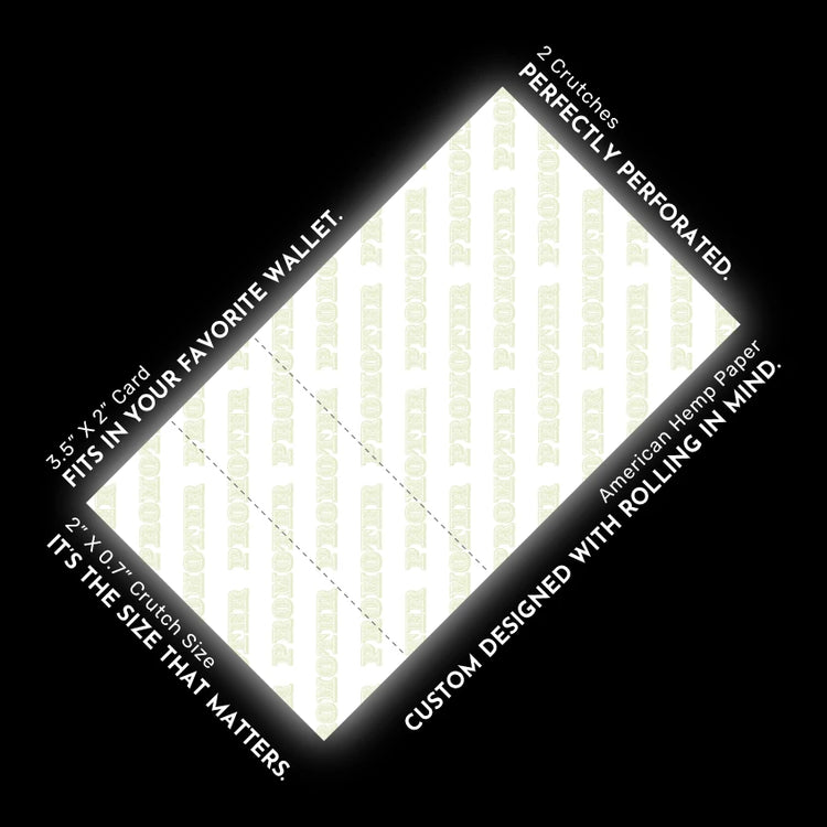 Diagram of a custom Crutch Card featuring 2 perforated rolling tips, American hemp paper, and a 3.5” x 2” wallet-friendly design for optimal rollability.