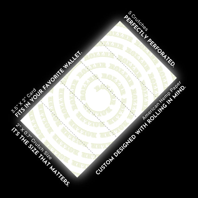 Diagram of the Roller Crutch Card featuring 5 perforated rolling tips, American hemp paper, and a 3.5” x 2” compact, wallet-friendly design for smooth rolling.