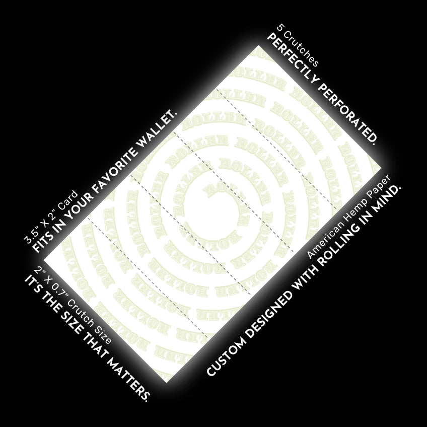 Diagram of the Roller Crutch Card featuring 5 perforated rolling tips, American hemp paper, and a 3.5” x 2” compact, wallet-friendly design for smooth rolling.