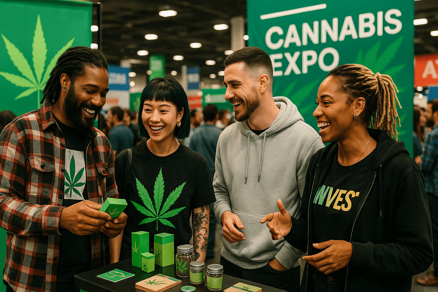 Crowd gathered at a cannabis industry expo with branded booths and marketing displays, capturing the energy and networking vibe of the event floor