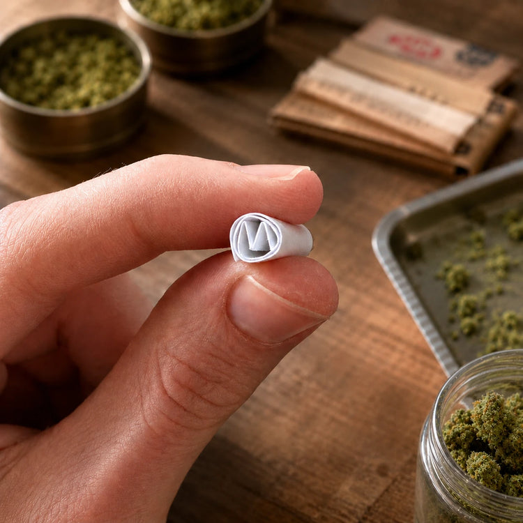 A close-up shot shows a person's fingers holding a small, bold white paper filter tip Crutch Card rolled into a "M" shape, set against a wooden background with blurred jars and a tray of green ground cannabis.