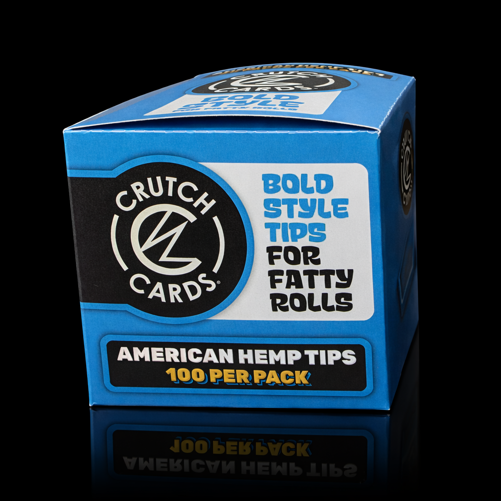 Blue packaging of Crutch Cards American Hemp Tips on a black background