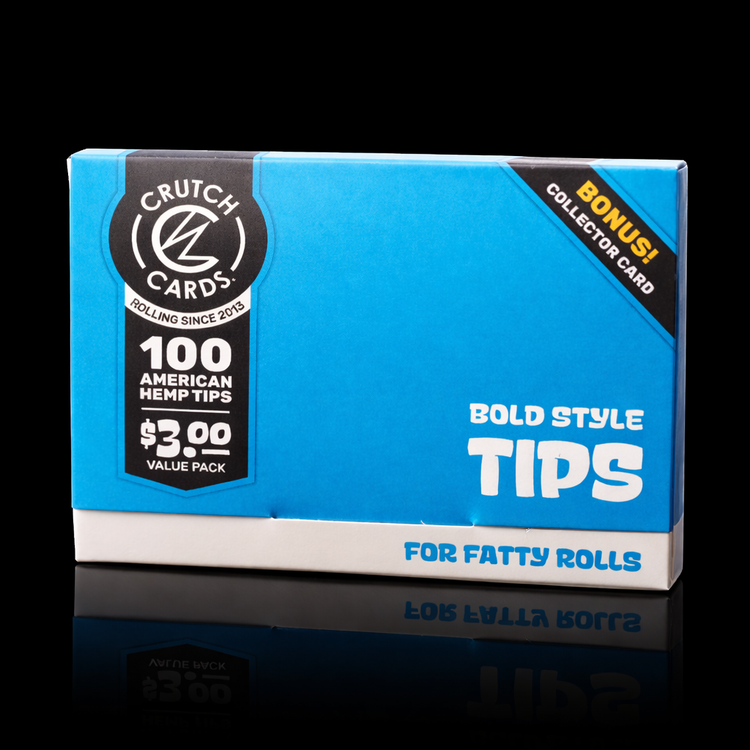 Blue packaging of Crutch Cards with text on a black background