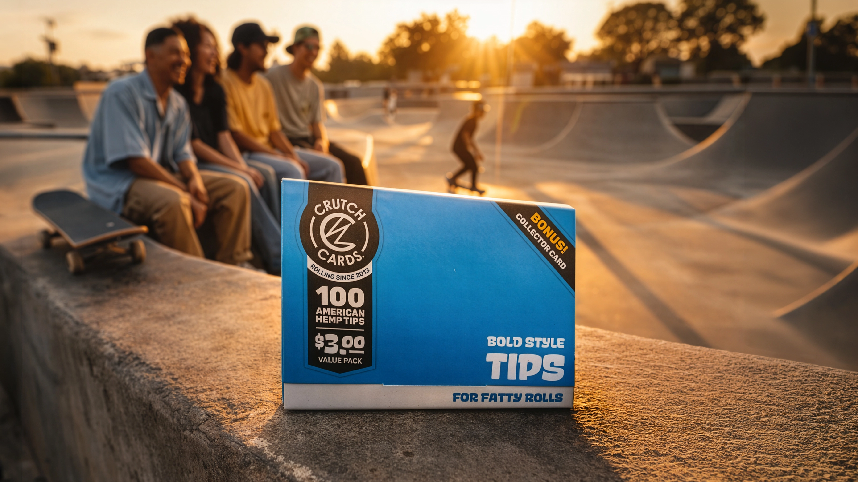Box of Crutch Tips at a skate park with people and skateboards in the background