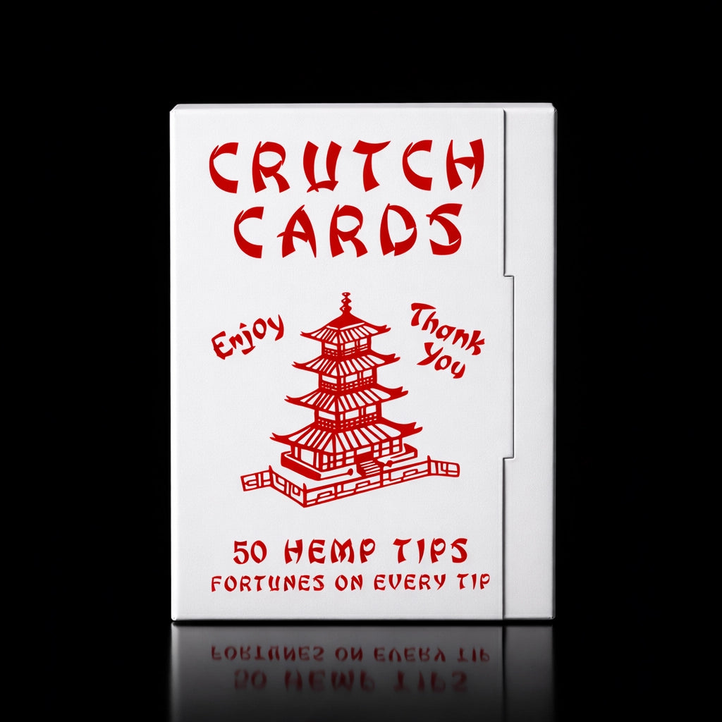Crutch Cards Fortunes Tips packaging with red text and pagoda illustration on a white background