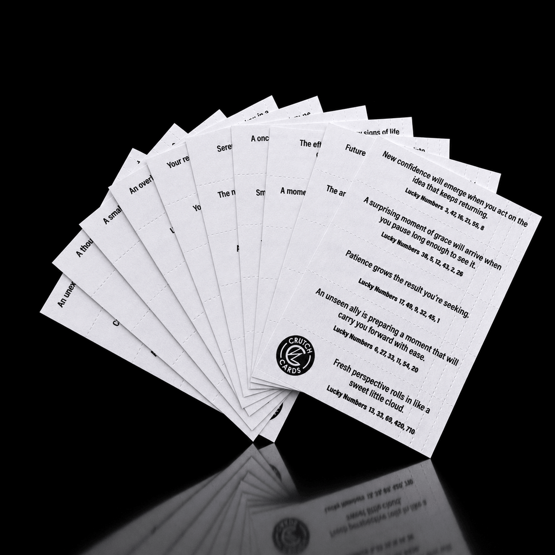 Perforated Rollers Choice Crutch Cards with fortunes and lucky numbers and a logo printed on the surface.