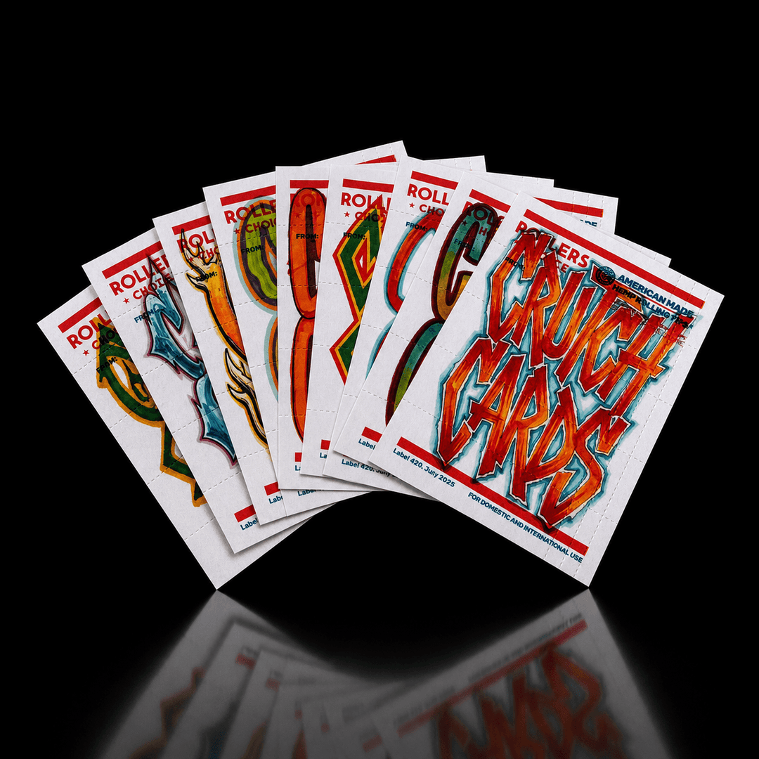 Collection of perforated Rollers Choice Crutch Cards with colorful graphics on a black background