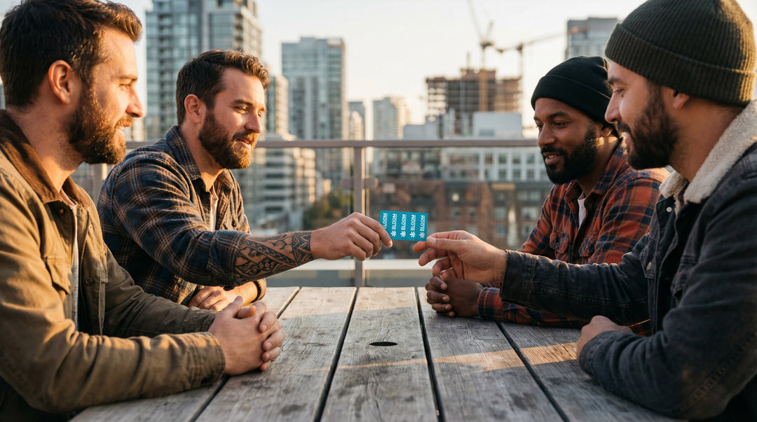 Four men sitting around a wooden table on a rooftop with cityscape in the background. One of them passes a Crutch Card to another.