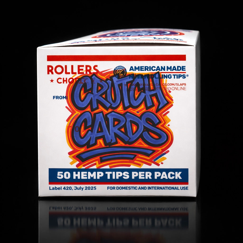 Crutch Cards Slap Tips display with street inspired handstyle text on a black background