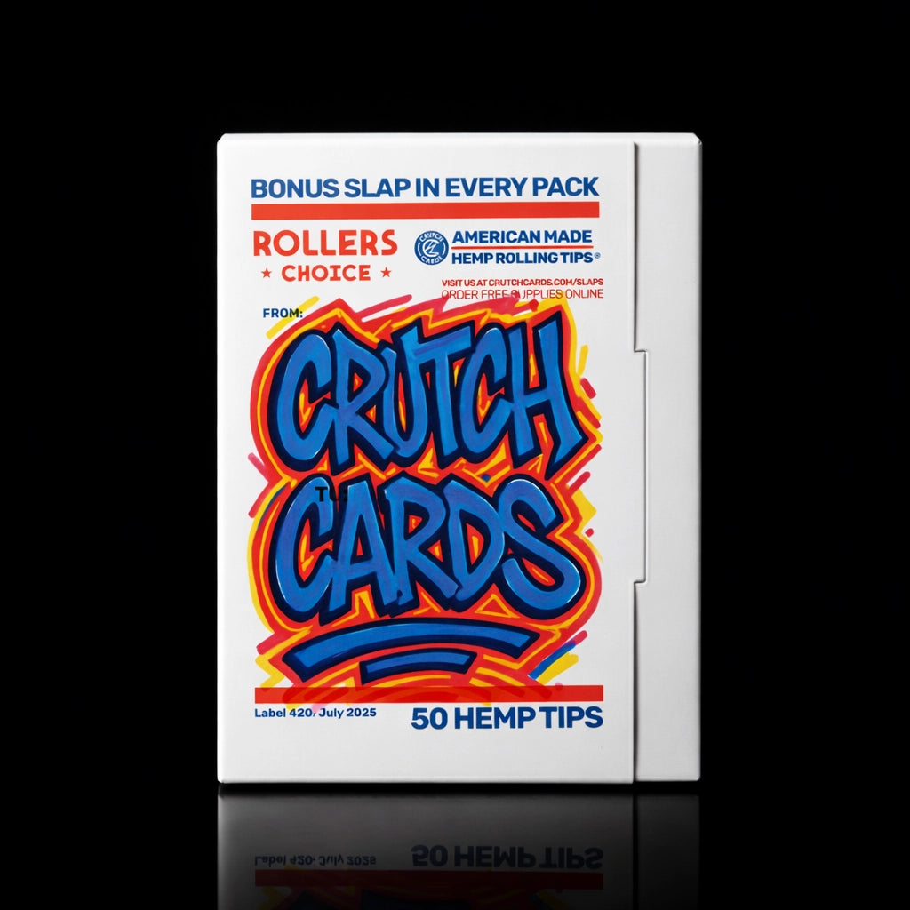 Pack of Crutch Cards Slap Tips hemp rolling tips with colorful text on a black background.