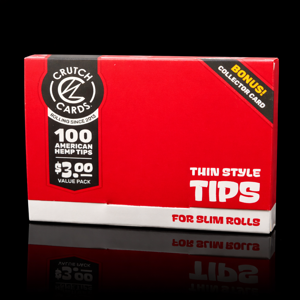Red box of Crutch Cards thin style tips for slim rolls on a black background