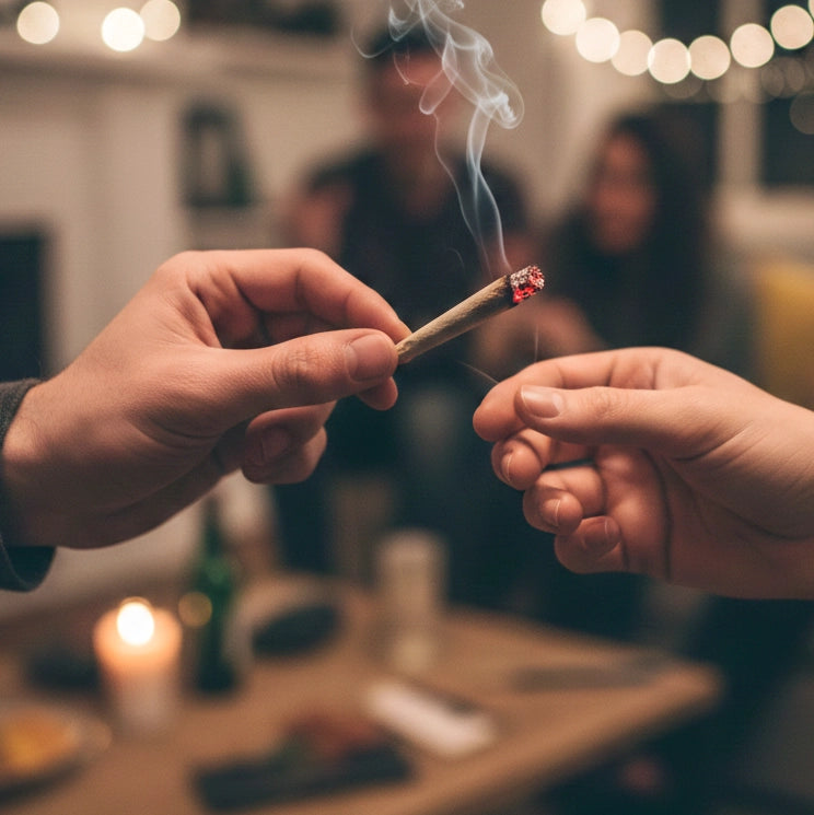 Two hands holding a lit joint with a blurred background of people and lights.