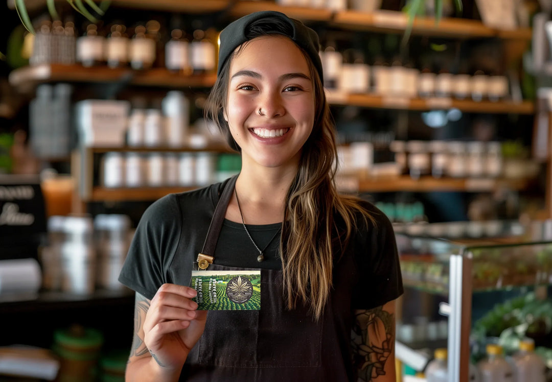 Smiling woman in a black shirt and apron holding a Crutch Card with cannabis-themed artwork in a modern shop setting. Shelves of jars and natural products fill the blurred background, creating a welcoming, artisanal vibe.