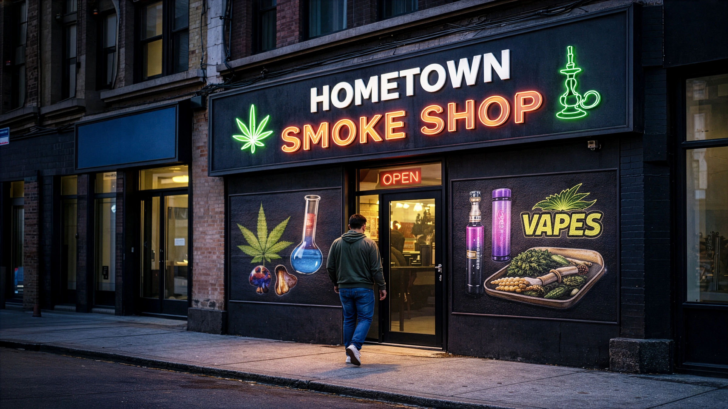 Hometown Smoke Shop with neon signs and a person walking by at night.