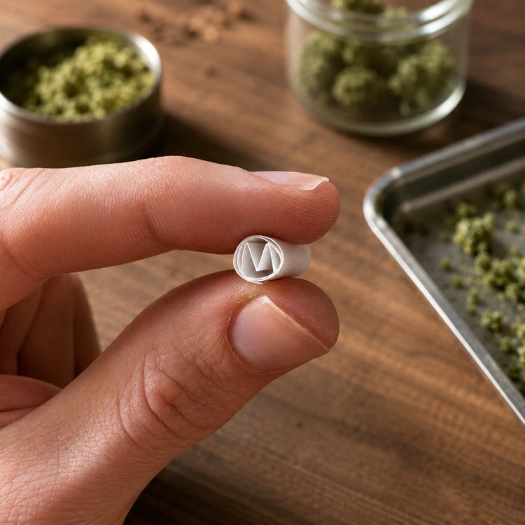 A close-up shot shows a person's fingers holding a small, thin white paper filter tip Crutch Card rolled into a "M" shape, set against a wooden background with blurred jars and a tray of green ground cannabis.